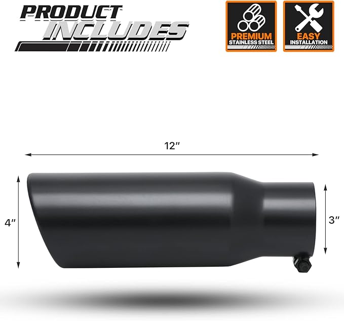M-AUTO Universal Gray Welded Muffler, 12" Overall Length Heavy Duty Stainless Steel Direct Fit Exhaust Muffler Assembly Roll and Angle Cut Tip, 3" Inside Inlet and 4" Outlet, Black