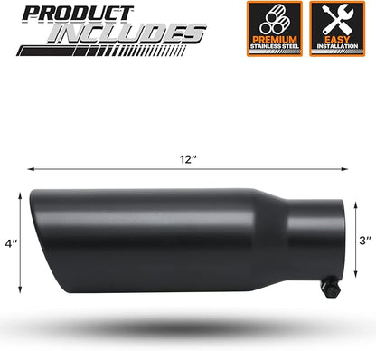 M-AUTO Universal Gray Welded Muffler, 12" Overall Length Heavy Duty Stainless Steel Direct Fit Exhaust Muffler Assembly Roll and Angle Cut Tip, 3" Inside Inlet and 4" Outlet, Black