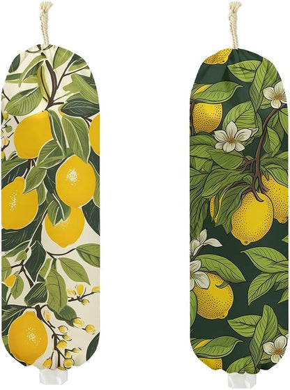 2Pcs Lemon Plastic Bag Holder, Wall Mount Grocery Bag Holder for Plastic Bags, Flower Reusable Grocery Bags Storage Dispenser for Home Kitchen Farmhouse Decor, Lemon Gifts for Women Mom, 22.5x9 Inch