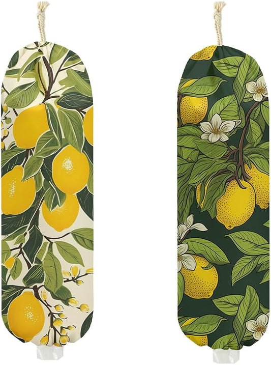 2Pcs Lemon Plastic Bag Holder, Wall Mount Grocery Bag Holder for Plastic Bags, Flower Reusable Grocery Bags Storage Dispenser for Home Kitchen Farmhouse Decor, Lemon Gifts for Women Mom, 22.5x9 Inch