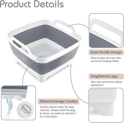 2.4 Gal(9L) Collapsible Dish Basin with Drain Plug, Space Saving Outdoor Multiuse Foldable Sink Tub, Dishpan, Kitchen Storage Tray for Camping, Vegetable Washing, RV (Gray)