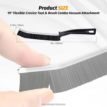 Universal 19" Flexible Crevice Tool & Brush Combo Vacuum Attachment for Car Detailing Dryer Lint Pet Hair, Fits 1-1/4" or 1-3/8 inch Connector Hoses Helps Clean Cobwebs on the ceiling Under Furniture