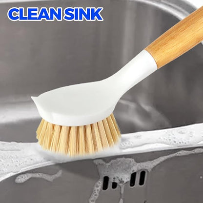 Holikme 3 Pack Dish Brush Set with Bamboo Handle, Kitchen Cleaner for Cleaning Pot, Pan, Sink and Stove, Scrubber with Medium Bristles, Yellow