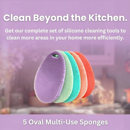 Silicone Sponge Dish Scrubber - Food Grade Silicone Dish Scrubber and Housecleaning - BPA Free Silicone Kitchen Scrubber [5 Pack Ovals Spring]
