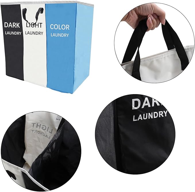 168L Laundry Hamper, Large Blanket Storage Basket Sorter 3 Section Bag Organizer for Dirty Clothes - Toys - Towel,15 X 23 X 28 inch Heavy Duty Laundry Cart Baskets (Black white blue bag)