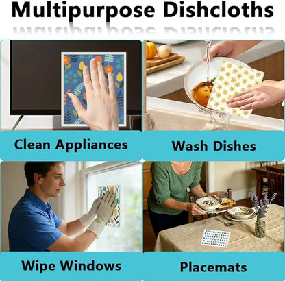 6Pcs 6 Styles Swedish Dishcloths for Kitchen Reusable Quick Drying Sponge 7.7 x 6.8 Inch Countertop Cleaning, Floral Dish Cloths Absorbent Decorative Towels for Dishes Home Tableware Use