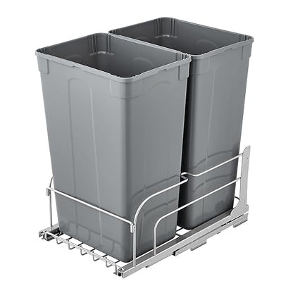 VEVOR Pull-Out Trash Can, 50 QT x2 Double Under Mount Kitchen Waste Container, Heavy Duty Garbage Recycling Bin with Door Kit and Soft Close Slide, for Kitchen Cabinet, Sink, Under Counter (Grey)
