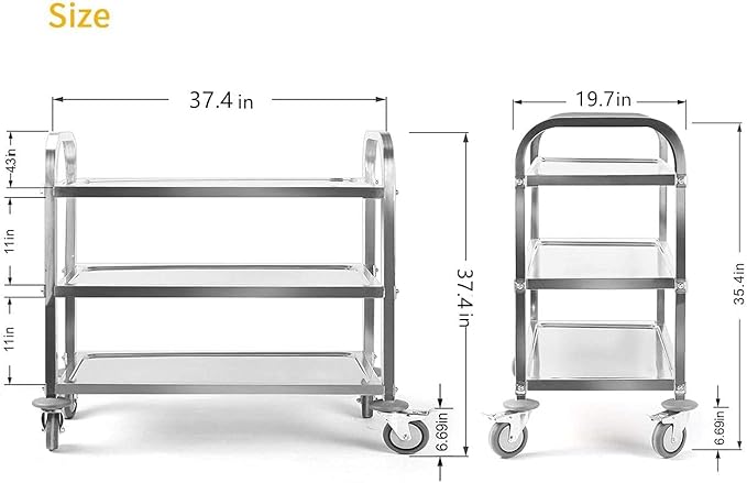 uyoyous Extra Large 3 Tier Stainless Steel Utility Cart 37x20x37 inch Commercial Heavy Duty Rolling Cart Food Storage Service Trolley with 360° Rotatable Wheels for Kitchen Hotel Restaurant Home Use