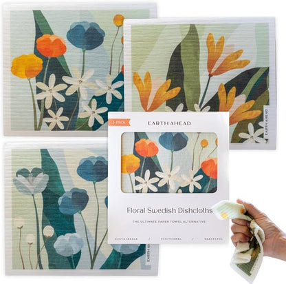 Swedish Dishcloths – Classic Botanical Floral Designs – Reusable Compostable Cellulose Sponge Cloth – Eco-Friendly Paper Towel Alternative 3 Pack