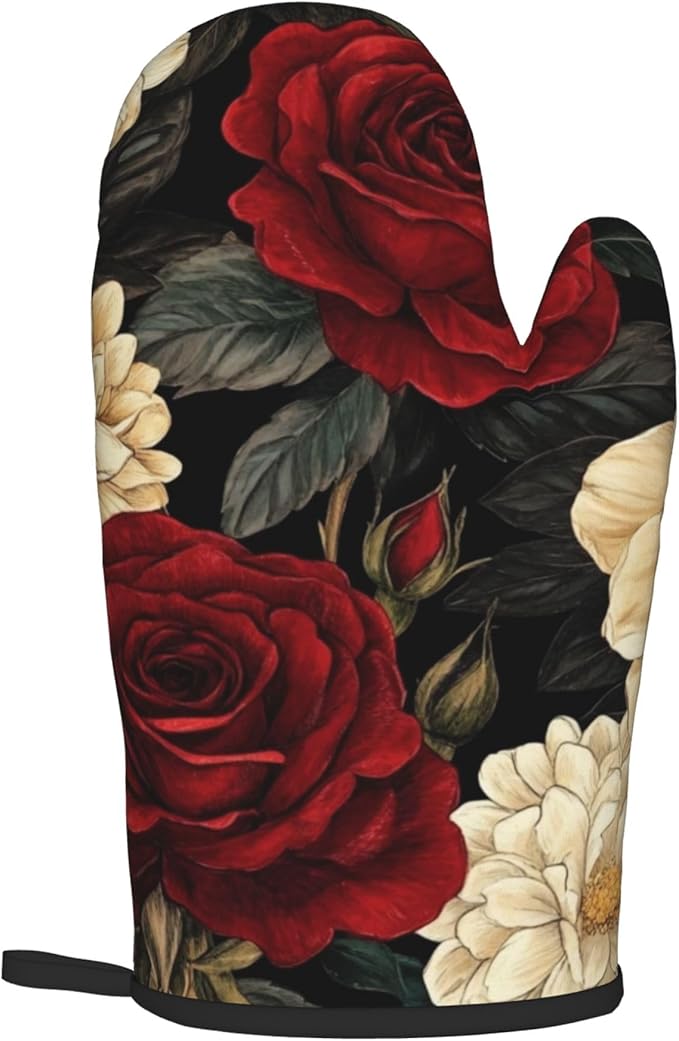 Boho Oven Mitts and Pot Holders Sets Vintage Peony Flowers Kitchen Mitts Potholders 2PCS Floral Oven Gloves Hot Pads for Kitchen Baking Cooking