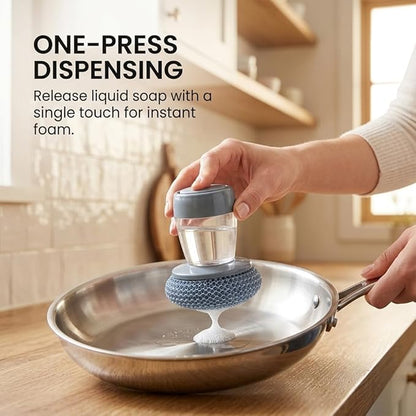 Sakerplus Soap Dispensing Palm Brush,One-Press Kitchen Scrub Brush with Built-in Soap Reservoir,Ergonomic Handheld Dish Cleaning Tool for Plates,Bowls,Glasses&Utensils (1, Steel Wire Material)