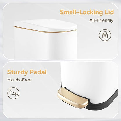 SYNCVIBE Bathroom Trash Can with Soft-Close Lid 3.5 Gallon Stainless Steel Garbage Can with Removable Inner Bucket Slim Trash Bins for Bedroom, Office(Matte White)