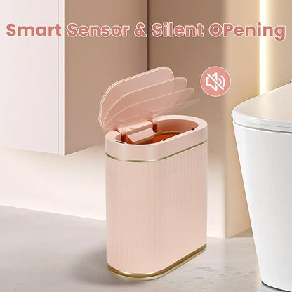 ELPHECO Bathroom Trash Can 2 Gallon Plastic Smart Garbage Can Waterproof Wastebasket Bathroom Decor Narrow Garbage Bin with Automatic lid for Bedroom, Kitchen (Pink Gold)