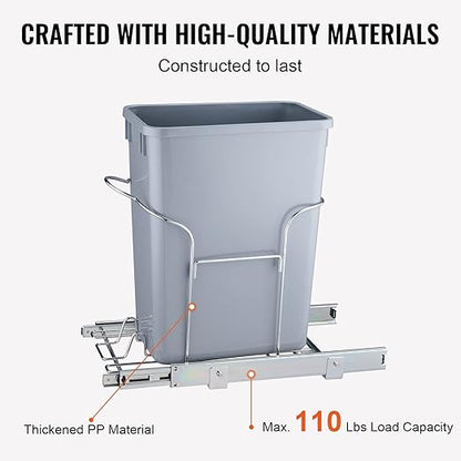 VEVOR Pull-Out Trash Can, 29L Single Bin, Under Mount Kitchen Waste Container with Slide and Handle, 110 lbs Load Capacity Heavy Duty Garbage Recycling Bin for Kitchen Cabinet, Sink, Under Counter
