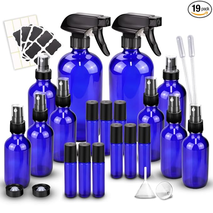 Loretoy Glass Spray Bottle Kit×10 (2×16 oz, 2×4 oz, 6×2 oz), 9×10 ml Roller Bottles, Anti UV, Multi Size and Versatile, Suitable for Aromatherapy, Facial Moisturizing, Watering, etc.(Blue