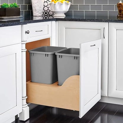 Rev-A-Shelf 35 Qt Bottom Mount Double Pullout Under Cabinet Kitchen Trash Cans w/Soft-Close for Base Cabinets, 150 Pound Rated Full-Extension Slides, Min Opening Width of 18", Silver, 4WCSC-2135DM-2