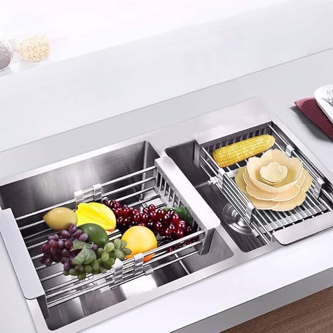 Sink Dish Drying Rack, Stainless Steel Drainer for 10.7"-17" Sinks, Kitchen Countertop Organizer for Dishes, Vegetables, and Fruits (Grey & Small)