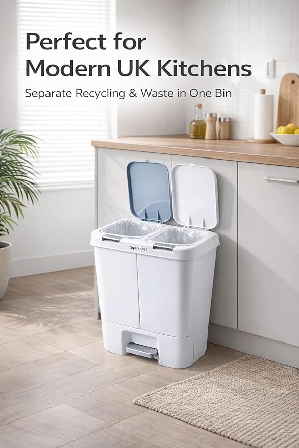 Step N' Sort 2 x 5.5 Gallon, Dual Trash and Recycling Bin with Slow Close Lid, White, 40 Liter (SNS402-W)