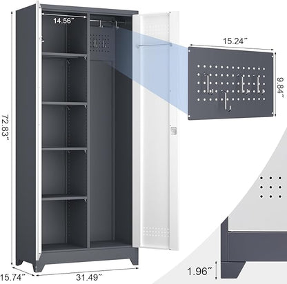 73" H Garage Storage Cabinet,Broom Closet Storage Cabinet with Adjust Shelves,Utility Cabinet,Utility Closet for Garage,Office,Gray-White