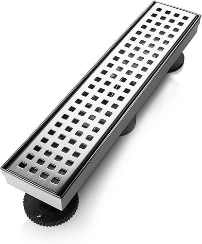 SaniteModar Shower Drain, 12 inch Linear Shower Drain with Removable Square Hole Panel, AISI 304 Stainless Steel Brushed Shower Floor Linear Drain with Adjustable Feet and Hair Strainer