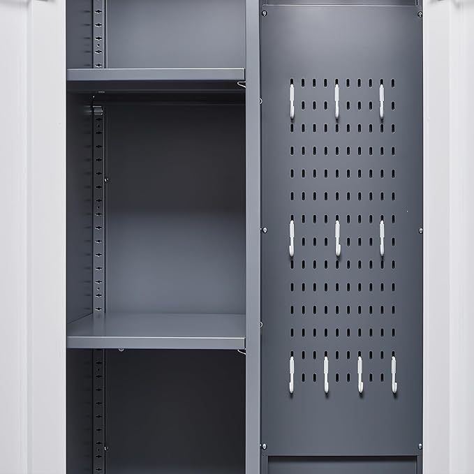 Broom Closet, 72" Broom Closet Storage Cabinet with Lock, Metal Tool Storage Cabinets with Pegboard, Cleaning Supply Storage Cabinets with Shelves for Home, Garage, Utility Room, Greywhite