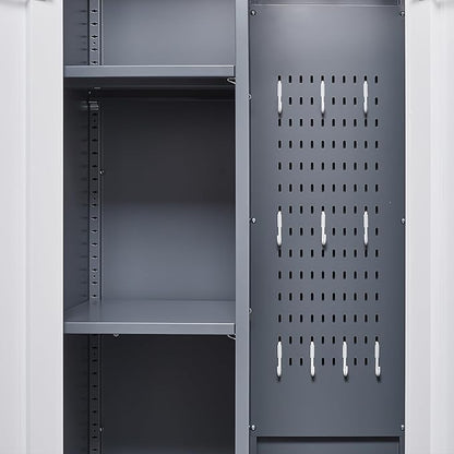 Broom Closet, 72" Broom Closet Storage Cabinet with Lock, Metal Tool Storage Cabinets with Pegboard, Cleaning Supply Storage Cabinets with Shelves for Home, Garage, Utility Room, Greywhite