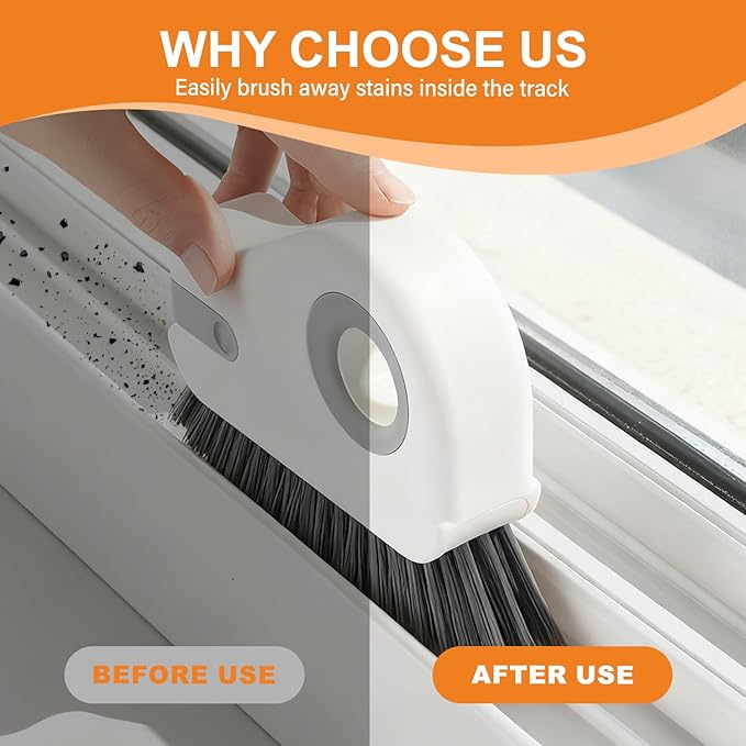 2 in 1 Window Track Cleaning Brush, 2026 New Groove Crevice Cleaning Tool, Multifunctional Hard Bristle Grip Brush with Hidden Scraper, Gap Scrub Brush for Sliding Door, Window Sill (1Pc-Orange)
