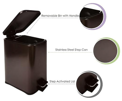 Stainless Steel Small Trash Can with Lid & Step Pedal - 5 Liters/1.3 Gallon Soft Close Garbage Can with Removeable Inner Bucket - Trash Cans for Bathroom, Bedroom, Kitchen & Office (Bronze)