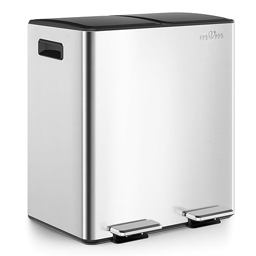 mVm 10.6(2x5.3) Gal Dual Trash Can, Kitchen Trash Can with ABS Lids, 2 Compartment Stainless Steel Recycle Bin for Home Kitchen Office (Silver)