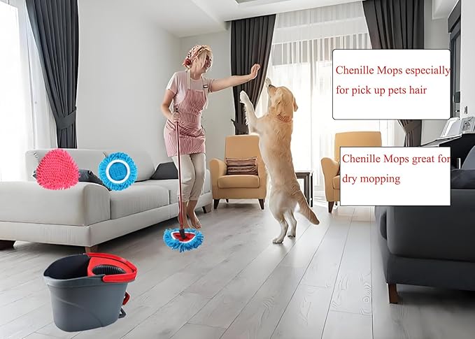 6 Pack Spin Mop Head Replacements Compatible with OCedar Easywring 1 Tank,4 Chenille Duster Mops Pad Refill Compatible with Oceda,Includes 2 PCS Microfiber Mops,White Red Blue,Machine Washable