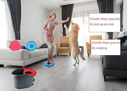 6 Pack Spin Mop Head Replacements Compatible with OCedar Easywring 1 Tank,4 Chenille Duster Mops Pad Refill Compatible with Oceda,Includes 2 PCS Microfiber Mops,White Red Blue,Machine Washable