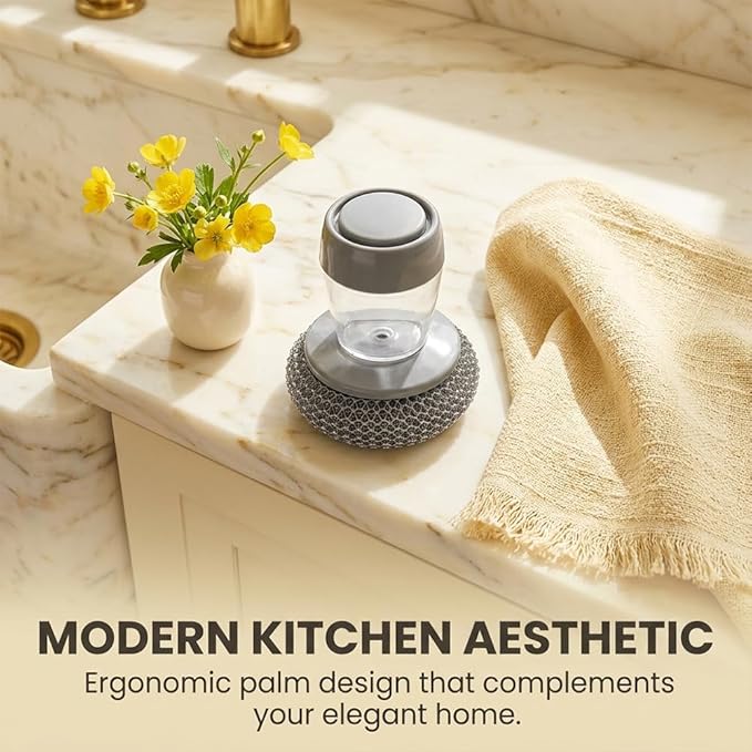 Sakerplus Soap Dispensing Palm Brush,One-Press Kitchen Scrub Brush with Built-in Soap Reservoir,Ergonomic Handheld Dish Cleaning Tool for Plates,Bowls,Glasses&Utensils (2, PET Material)