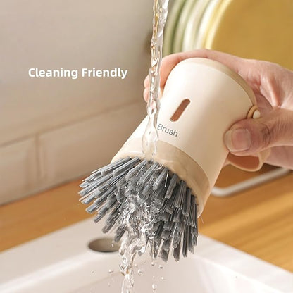 Soap Dispenser Dish Brush Palm Brush- Kitchen Dish Brush with Handle, Refillable Dish Soap Dispenser for Kitchen, Scrub Brush (Grey)