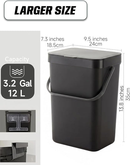 3.2 Gallons Hanging Trash Can with Slide Lid - Kitchen Garbage Can, Under Sink Trash Can, Garbage Can for Bathroom, Waste Bucket Outdoor Indoor, 12L(Black)