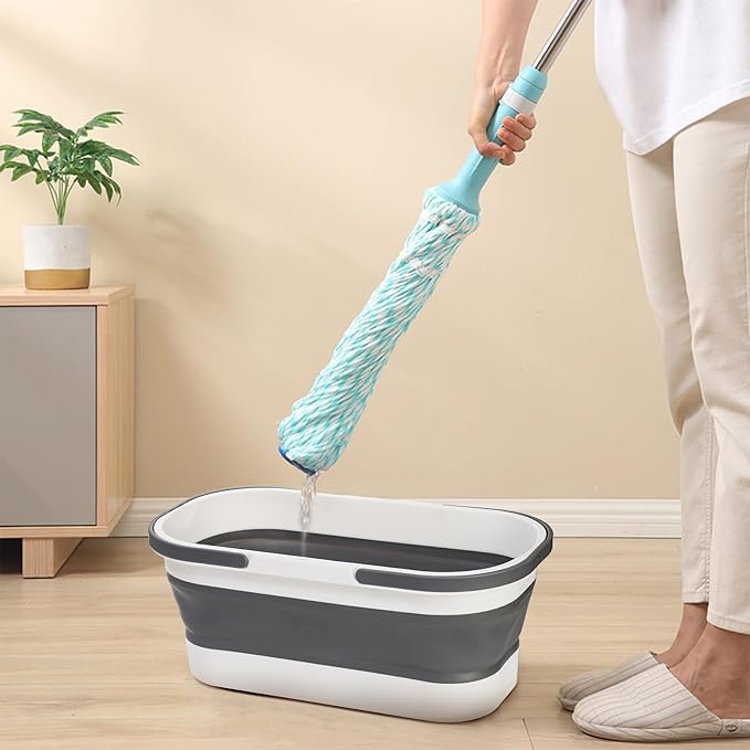 Yesland 2 Pack Collapsible Plastic Bucket with Wheels, 12L (3.17 Gallon) Foldable Rectangular Mop Bucket, Portable Water Pail with Handle for House Cleaning, Car Washing, Fishing, Camping, Gray & Blue