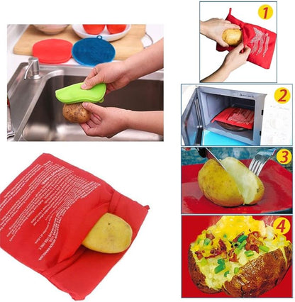 Premium Microwave Potato Bag Kit, with 2PCS Silicone Vegetable Scrubber Brush, Reusable Baked Potato Pouch and Multipurpose Silicone Dish Sponge - Perfect Dishes in Just 4 Min (Red)