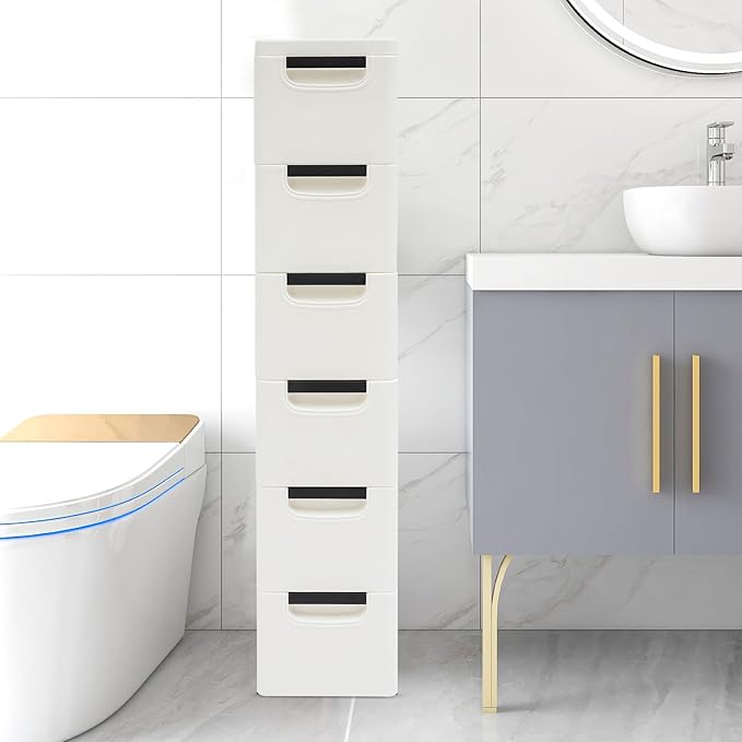 6 Drawers Narrow Slim Plastic Storage Cabinet,Storage Drawer with Wheels,6 Tier Drawers Dresser,Rolling Narrow Cabinet for Small Spaces Bathroom Kitchen Living Room,White