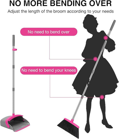 NACENA Broom and Dustpan Set, 52-in Long Adjustable Handle Broom Dustpan Combo with Dustpan Teeth to Automatically Clean Hair Suitable for Home Kitchen Office Hall Floor（Grey&Rose）