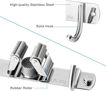 Mop and Broom Hanger Wall Mount, stainless steel Broom Hook Organizer Wall Mounted, Heavy Duty Mop Holder Storage Rack - 3 Racks 4 Hooks for hanging brooms and mops