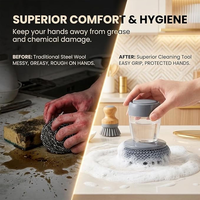 Sakerplus Soap Dispensing Palm Brush,One-Press Kitchen Scrub Brush with Built-in Soap Reservoir,Ergonomic Handheld Dish Cleaning Tool for Plates,Bowls,Glasses&Utensils (1, Steel Wire Material)