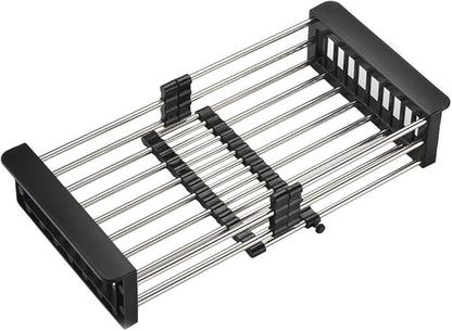 Dish Drying Rack, Over The Sink Dish Drying Rack, Stainless Steel Drainer with Adjustable Arms Holder Functional Kitchen Sink Organizer for Vegetable and Fruit, Black