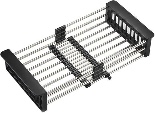 Dish Drying Rack, Stainless Steel Dish Drainer with Adjustable Arms Holder Functional Kitchen Sink Organizer for Vegetable and Fruit, Black Large