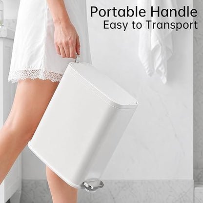 Small Bathroom Trash Can with Lid Soft Close, Step Pedal, 1.6 Gallon White Stainless Steel Garbage Can with Removable Inner Bucket, Includes 60 Trash Bags for Home Bedroom