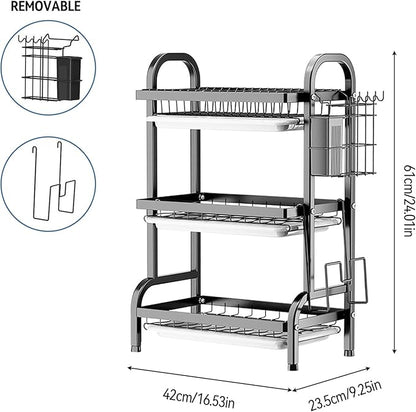 Goldmeet 3 Tier Dish Drying Rack, Large Stainless Steel Over The Sink Dish with Drain Tray, Kitchen Dishes Drying Racks, Dish Racks for Kitchen Counter Storage (Black)