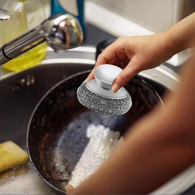 Cofun Stainless Steel Saucepan Scourers with 2 Replacement Pads - Clean Metal Pans, Pots, Grills & More