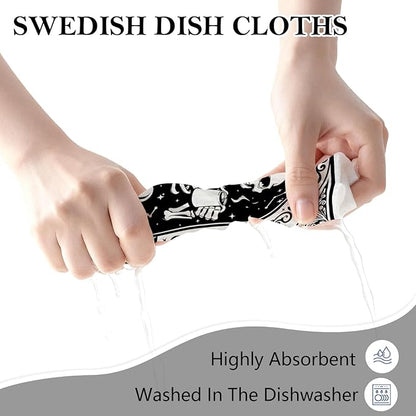 5 Pack Mixed Gothic Skeleton Swedish Kitchen Dishcloths Dish Towels, Tarot Card Pattern Dish Towels Kitchen, Swedish Dishcloth, Paper Towels Reusable, Dish Cloth Towel Cleaning Wipe for Home