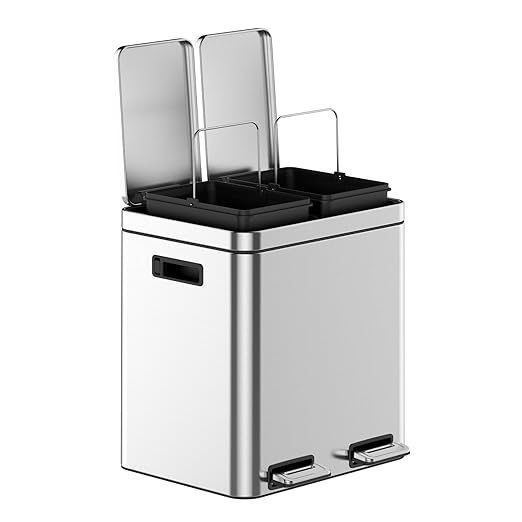 Kitchen Trash Can, 2x4 Gallon Rectangular Kitchen Waste Bin, Dual Separate Compartment Recycle Bin with Removable Plastic Inner Buckets, Soft Step-on with Lid