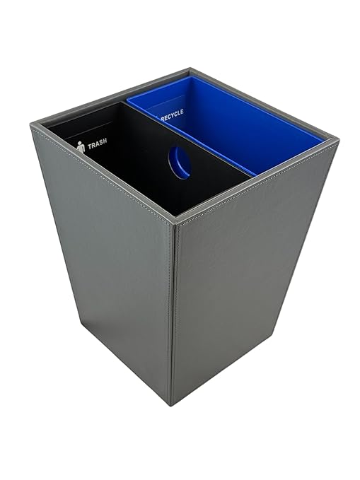 Leatherette Recycle Waste Bin with Dual Liners for Home or Office. 14.5 Quart Capacity. (Gray)