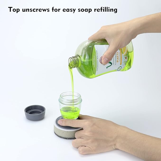 DAPOWER Dish Brush with Soap Dispenser, Kitchen Scrub Brush for Dishes Pots Pans Sink Cleaning, Scrub Sponge Dish Scrubber with Holder Set (Grey Handle & Scrub Sponge)