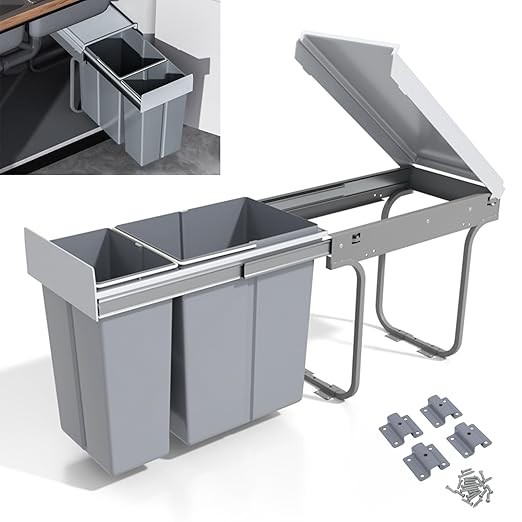 MYOYAY Double Pull Out Under Cabinet Trash Can with Lid 10L + 20L (8 Gallon) Kitchen Cabinet Garbage Can Sliding Out Under Counter Waste Bin, 30 Liters